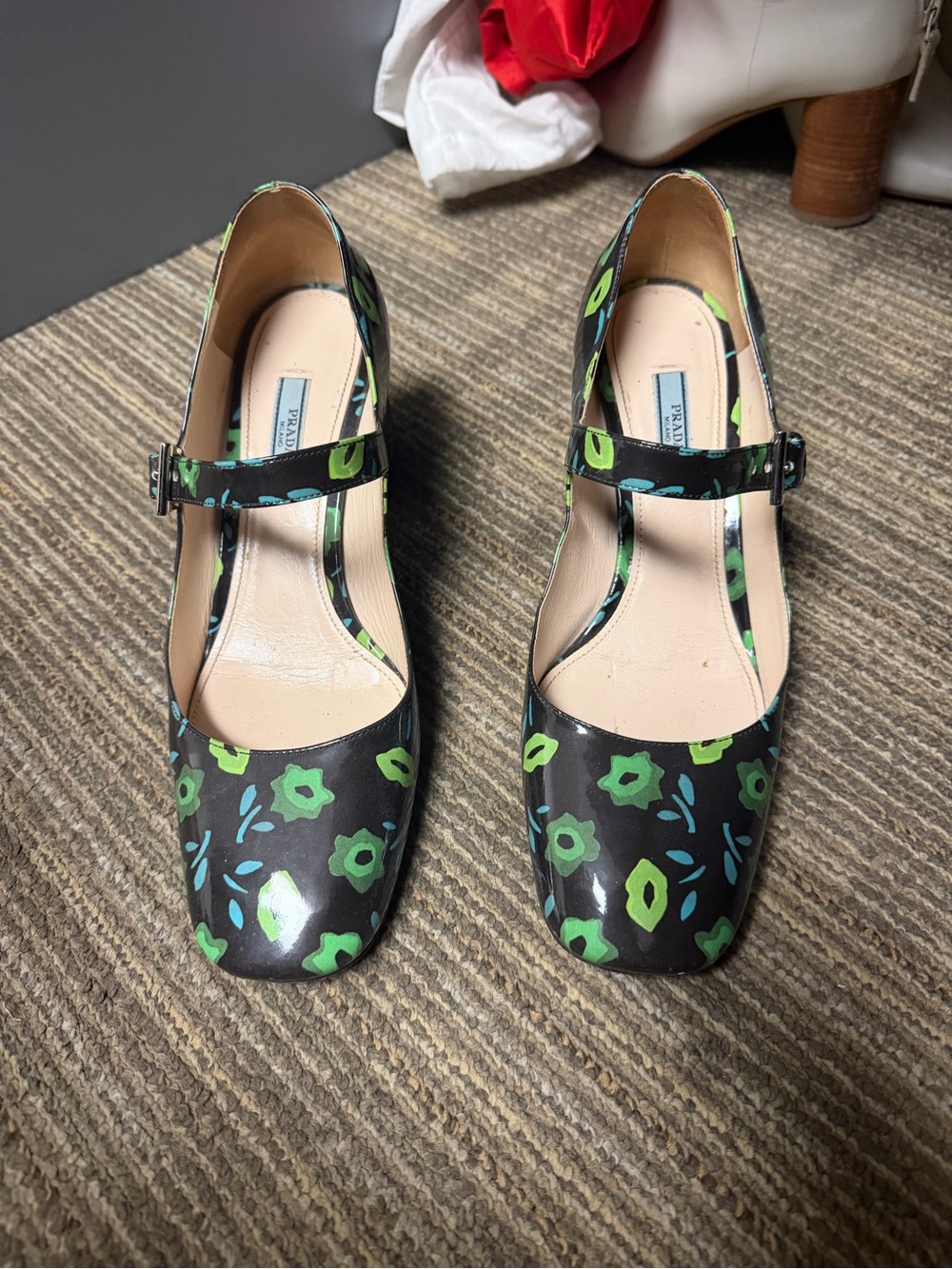 Prada Black Floral Mary Jane Heels with Green Accents